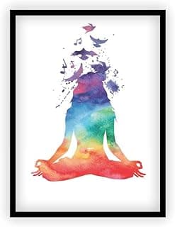 Quadro decorativo com moldura preta, representando uma pose de meditação com cores vibrantes e notas musicais.