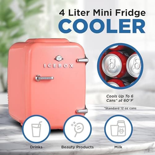 ICEBOX IBMF4BLS Geladeira para quarto, cuidados com a pele, refrigerador portátil e aquecedor de maquilhagem, para escritório e frigorífico doméstico, mini (4 L / 6 latas), vermelho rubor