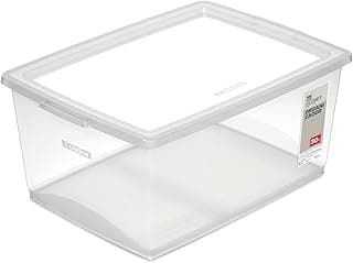 Caixa organizadora plástica transparente de 30 litros com tampa da Ordene, cor cristal.
