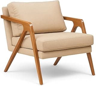 Poltrona Decorativa Linho Bege Claro, Madeira Maciça Moderna Minimalista, Confortável para Sala de Estar (Linho Bege)