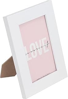 Porta-retrato branco com moldura retangular e fundo rosa com a palavra 'LOVE' em branco