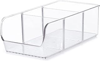 Caixa organizadora de alimentos plástica transparente com duas divisórias removíveis para cozinha.