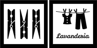 Kit 2 Quadros de Azulejos mod. 1 com Moldura Preta, Decoração para Lavanderia e Área de Serviço