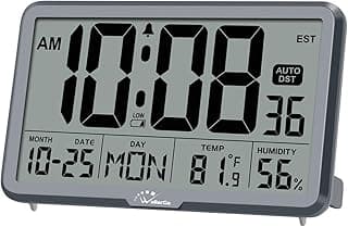 Relógio de parede e de mesa digital WallarGe Automático, a bateria, com temperatura, umidade e data, despertador, com calendário, grande para idosos, 8 fusos horários, horário de verão automático