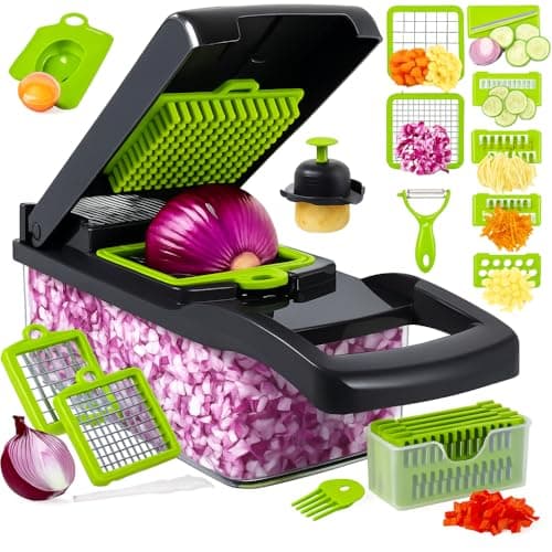 Cortador de legumes profissional 16 em 1 com 8 lâminas e recipiente transparente