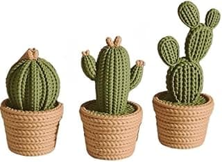 Kit de 3 cactos decorativos estilo tricô em vasos de corda marrom