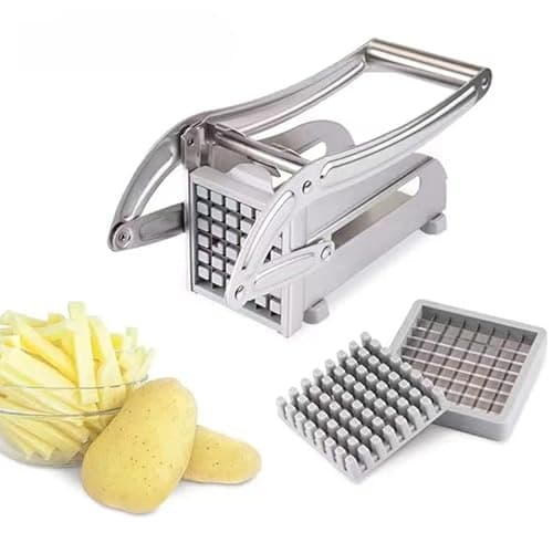 Cortador picador industrial de batata e legumes em aço inoxidável com lâminas de corte e recipiente de coleta