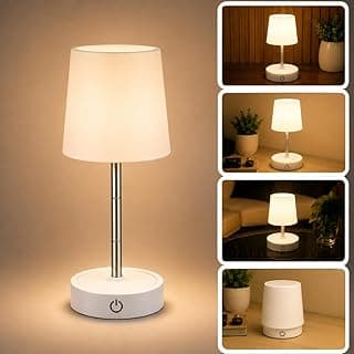 Luminária de mesa LED retrátil branca com base circular e cúpula ajustável, iluminação suave.