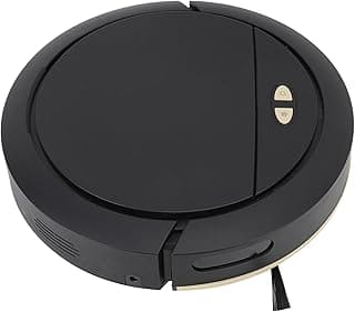 Aspirador de pó robô preto circular com botões de controle e base de borracha