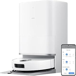 Xiaomi aspirador robôtico branco com estação de limpeza e smartphone com aplicativo de controle.