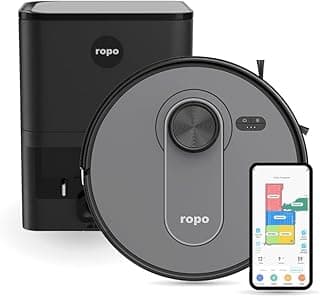 Robô aspirador Ropo Vision Pro com estação de recarga autolimpante em fundo branco