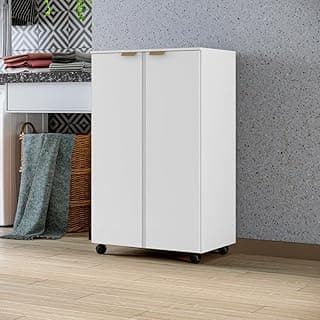 Armário para Lavanderia e Casa com Rodízio, 2 Portas e 3 Prateleiras Fixas, Organizador Doméstico Ideal para Armazenamento de Produtos de Limpeza (branco canela)
