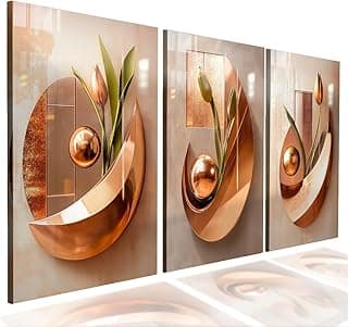 Kit 3 quadros decorativos abstratos com formas florais em cobre