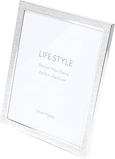 Porta-retrato de aço prata com moldura elegante e design de grade, texto 'LIFE STYLE' e 'Deluxe Metal Frame', fundo branco