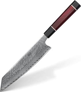 Faca Kiritsuke de 23 cm com lâmina de aço damasco premium AUS-10 e cabo vermelho, faca de chef japonesa