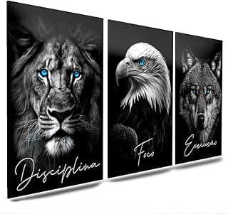 Kit 3 quadros decorativos com leão, águia e lobo em preto e branco com palavras motivacionais