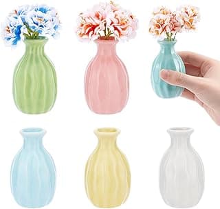 Seis mini vasos de cerâmica multicoloridos com flores artificiais