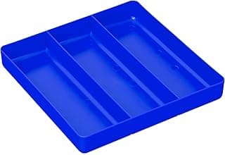 Bandeja organizadora azul com três compartimentos, para garagem e uso doméstico.