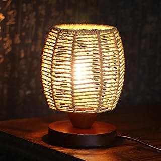 Candeeiro de mesa boho de vime feito à mão, 3 cores pequenas lâmpadas de tecido para mesas de cabeceira, lâmpada vintage de vime costeira boho para quarto, sala de estar, sala de leitura, sala