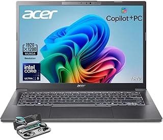 Notebook Acer Aspire 14 cinza com tela WUXGA, Intel Core Ultra 5, teclado exposto e fone de ouvido sem fio