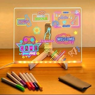 Quadro luminoso em acrílico com LED, mensagens e desenhos brilhantes, canetas apagaveis e base ajustável