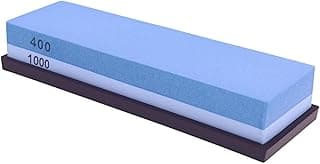 Pedra de amolar dupla face 400/1000 para facas de cozinha, azul e branca, sobre base marrom