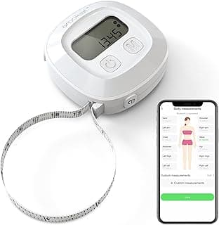 Fita métrica digital branca arboleaf com tela e smartphone mostrando medição corporal