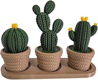 Kit 3 Vasos Decorativos Cactos 3D Estilo Crochê - Verde Escuro e Marrom