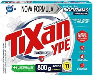 Detergente em pó Tixan Ypê, 800g, nova fórmula, antibacteriano, sustentável.