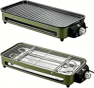 Churrasqueira elétrica portátil 127V, verde e aço inoxidável, controle de temperatura, fácil limpeza