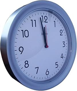 Relógio de parede quartz prata metálico com mostrador branco e números pretos