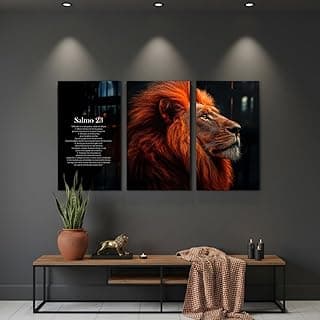 Kit de três quadros decorativos Salmo 23 com leão em fundo escuro