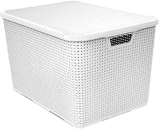 Caixa organizadora branca de rattan com tampa e perfurações circulares, 40 litros, empilhavel.