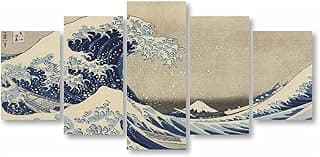 Quadro de arte em canvas 'A Grande Onda de Kanagawa' em azul e branco, dividido em cinco seções.