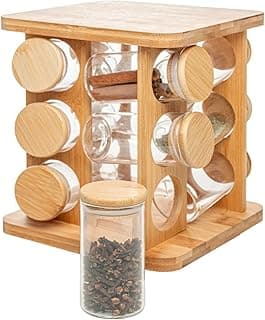 Conjunto de 12 potes de borossilicato com tampa hermética e rack giratório em bambu