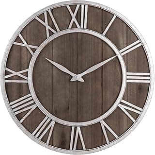 Relógio de parede Oldtown Farmhouse de metal e madeira sólida sem ruído, Dark Brown, 18-inch
