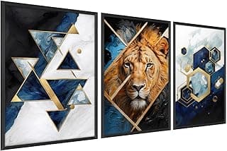 Quadros decorativos geométricos com leão, azul, branco e dourado