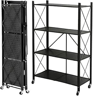 Estante industrial de aço preto com quatro prateleiras dobráveis e rodas, ideal para escritório, quarto, cozinha ou sala.