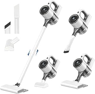 Aspirador de pó vertical sem fio branco e cinza com acessórios