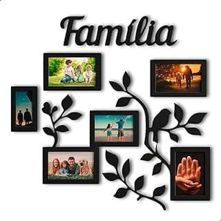 Painel decorativo família com porta-retratos em forma de folhas pretos, fotos de família