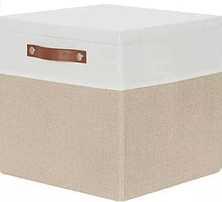 Caixa organizadora de tecido linho dobrável rígida com tampa 30x30 cm, cor bege com tampa branca e alça de couro marrom