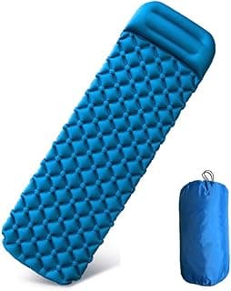 Colchão inflável azul com travesseiro integrado para camping