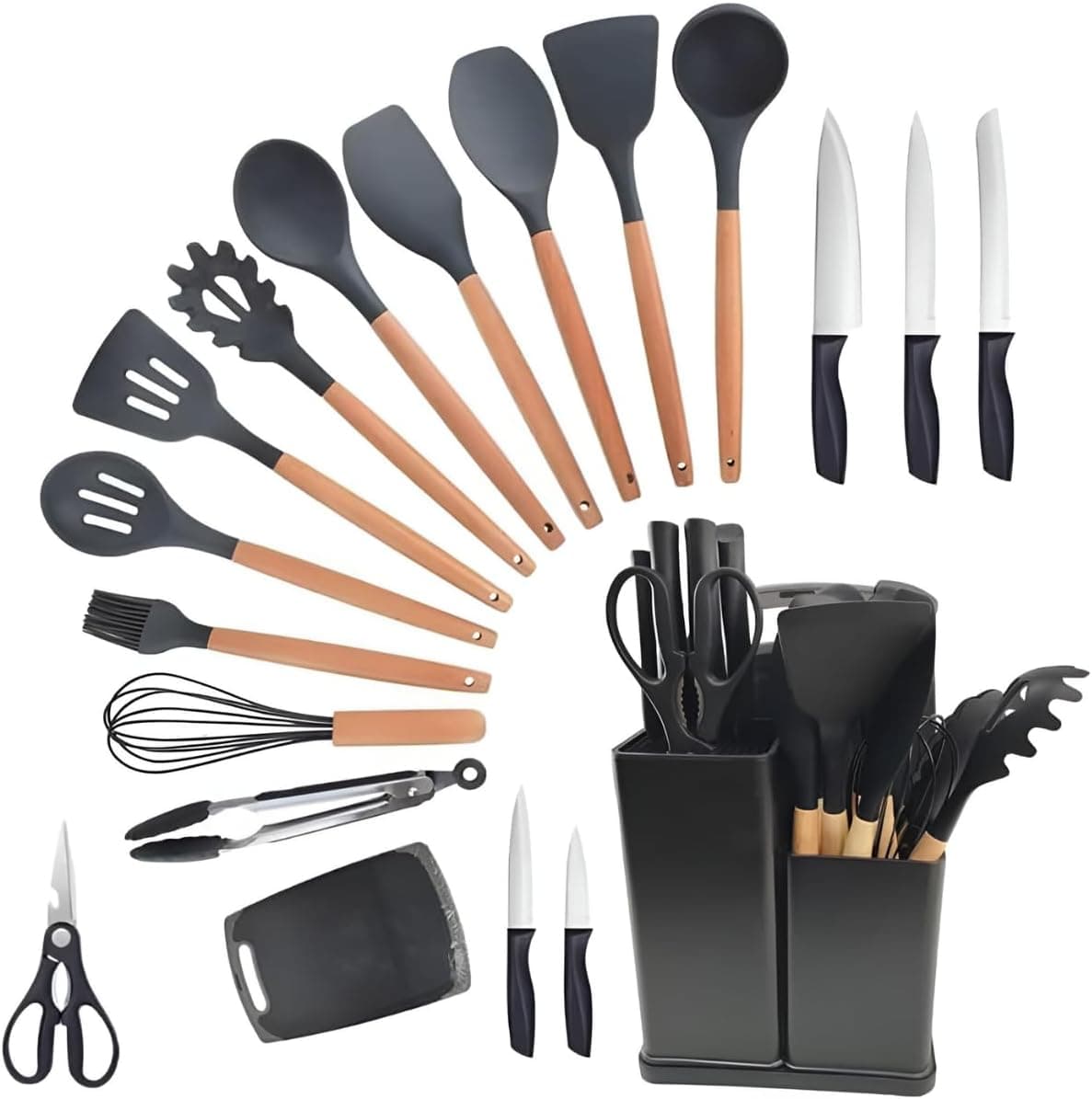Utensilios para Cozinha Silicone Kit com 19 Peças Cabo Madeira Conjunto Completo Espátula Concha Colher Jogo Suporte Faca Antiaderente Tabua Tesoura Faqueiro (PRETO)