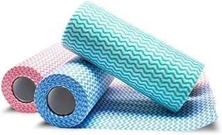Panos de limpeza multiuso rolos turquesa, azul e rosa com padrões de ziguezague