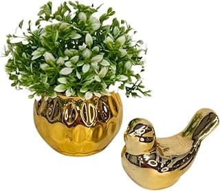 Conjunto decorativo de cerâmica com vaso dourado e planta artificial verde