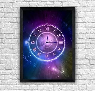 Quadro decorativo com relógio neon, moldura preta, fundo azul e roxo, números romanos.