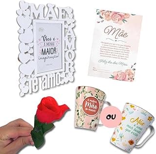 Kit presente Dia das Mães com caneca floral, porta retrato e flor vermelha