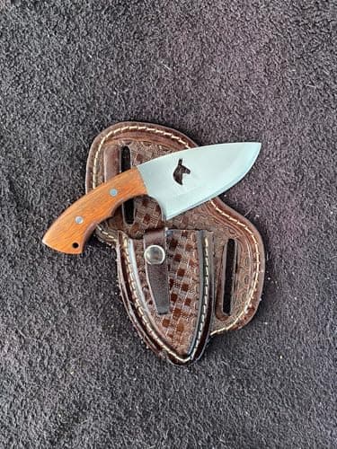Faca mini campeira com cabo de madeira e bainha de couro, 15 cm total