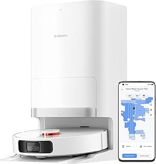 Aspirador robô Xiaomi X20+ com base de recarga e interface de mapa no smartphone