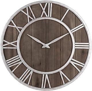 Relógio de parede Oldtown Farmhouse de metal e madeira sólida sem ruído, Dark Brown, 24-inch